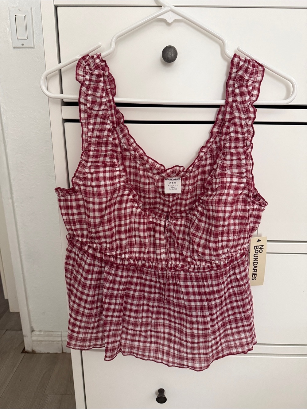 No Boundaries Red and White Gingham Ruffle Smocked Tank